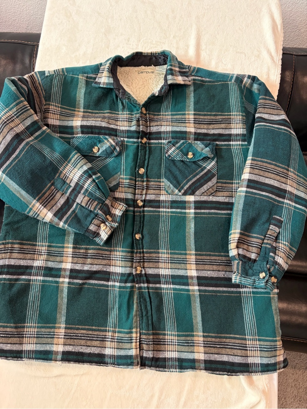 Campus Teal Plaid Sherpa-Lined Casual Button-Down Shirt